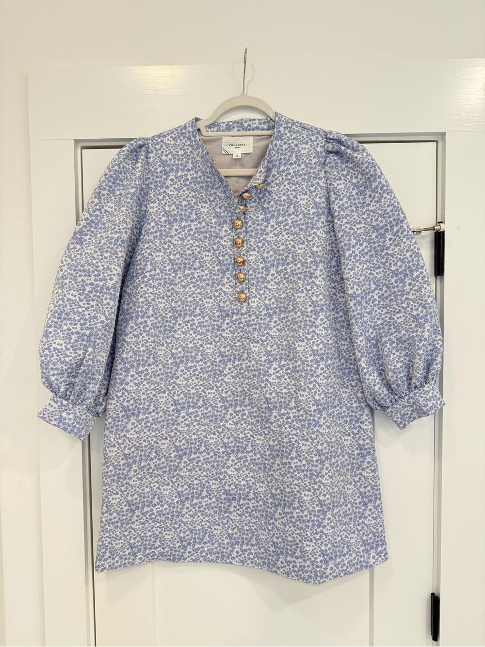 Pomander Place Blue Floral Puff-Sleeve Tunic Dress with Gold Buttons